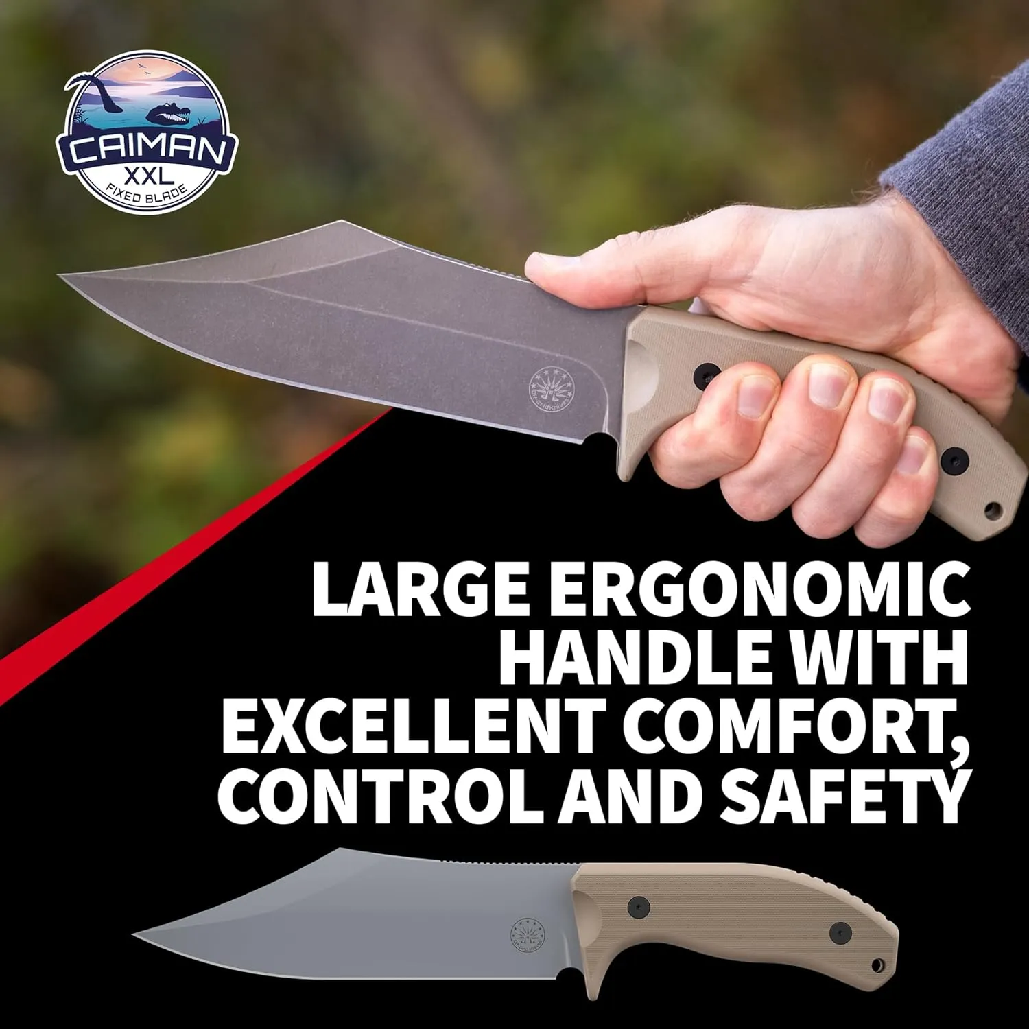 Off-Grid Knives - Caiman XXL Fixed Blade Bowie Knife with Cryo D2 Steel, G10 Scales, Full Tang, Kydex Sheath, OG Lo-Pro Belt Attachment, Camping, Bushcraft, Hunting, Survival (Coyote)