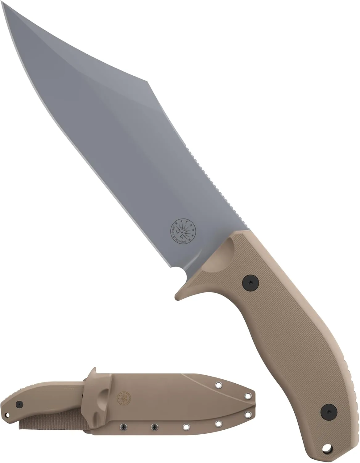 Off-Grid Knives - Caiman XXL Fixed Blade Bowie Knife with Cryo D2 Steel, G10 Scales, Full Tang, Kydex Sheath, OG Lo-Pro Belt Attachment, Camping, Bushcraft, Hunting, Survival (Coyote)