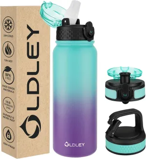 Oldley Insulated Water Bottle 20oz Water Bottles with Straw, Stainless Steel Water Bottle with 3 Lids, Double Wall Vacuum Bottels for Adult Kids,Leak-Proof Sport Bottles for School Travel,Green Purple