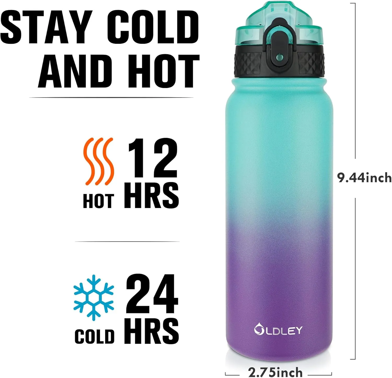 Oldley Insulated Water Bottle 20oz Water Bottles with Straw, Stainless Steel Water Bottle with 3 Lids, Double Wall Vacuum Bottels for Adult Kids,Leak-Proof Sport Bottles for School Travel,Green Purple