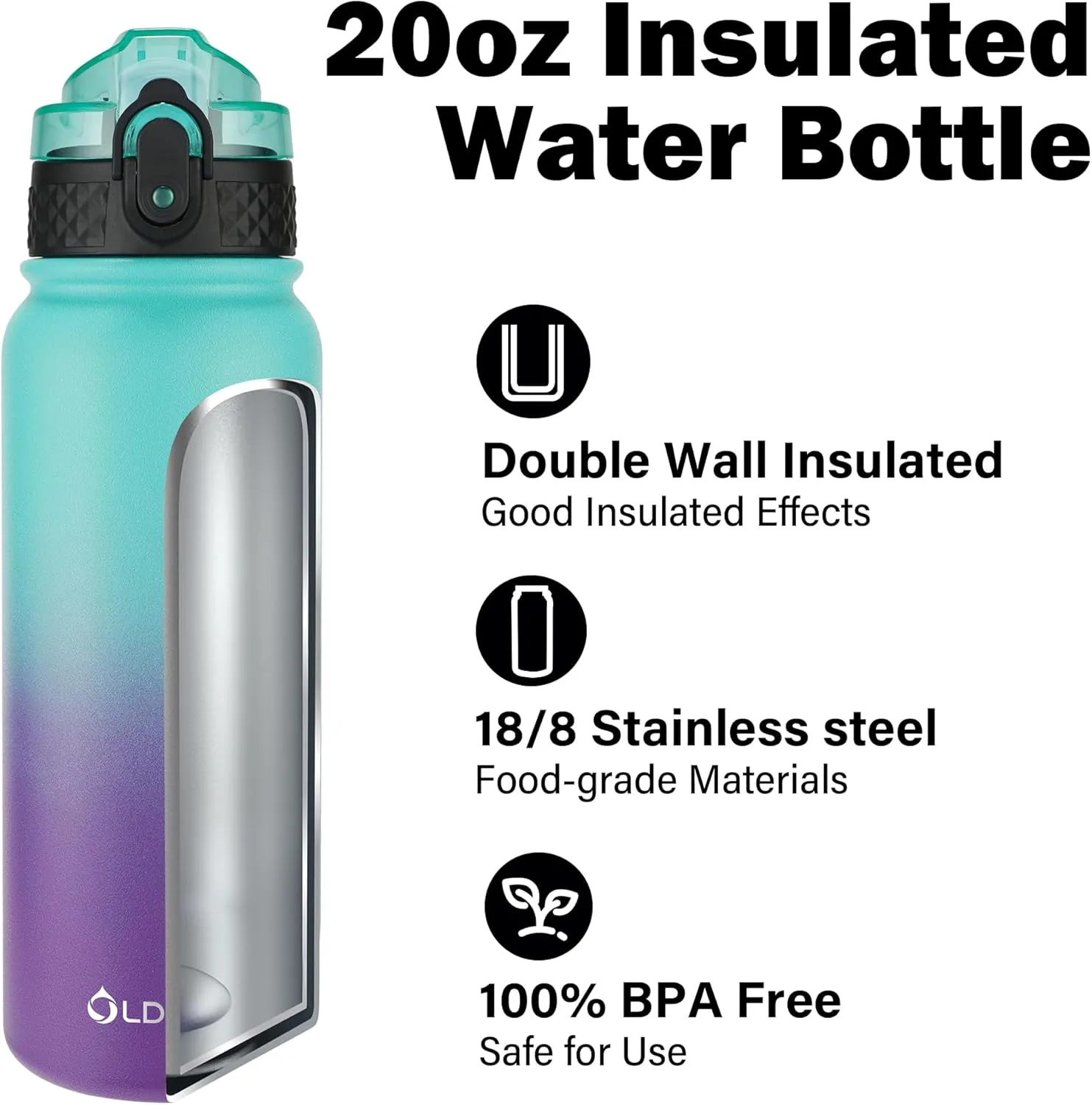 Oldley Insulated Water Bottle 20oz Water Bottles with Straw, Stainless Steel Water Bottle with 3 Lids, Double Wall Vacuum Bottels for Adult Kids,Leak-Proof Sport Bottles for School Travel,Green Purple