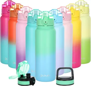Oldley Insulated Water Bottle with Straw 20oz Stainless Steel Water Bottles with 3 lids Double-Wall Vacuum Thermal for Kids Adults School Sports,Light-Green-Blue