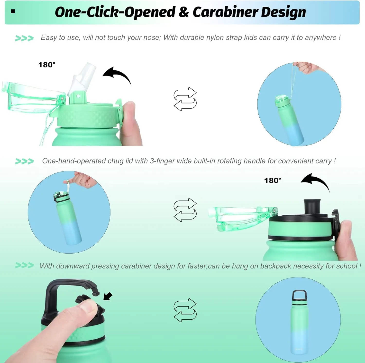 Oldley Insulated Water Bottle with Straw 20oz Stainless Steel Water Bottles with 3 lids Double-Wall Vacuum Thermal for Kids Adults School Sports,Light-Green-Blue