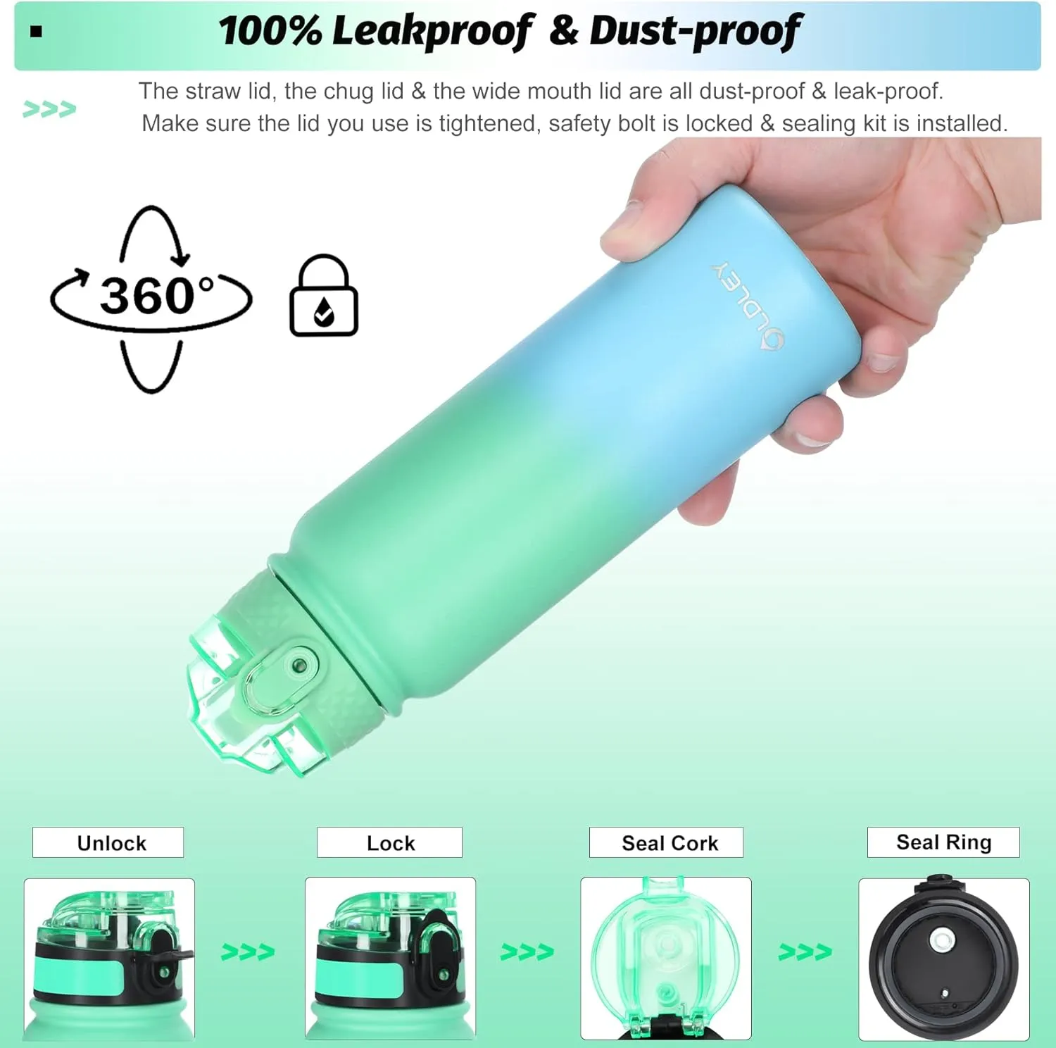 Oldley Insulated Water Bottle with Straw 20oz Stainless Steel Water Bottles with 3 lids Double-Wall Vacuum Thermal for Kids Adults School Sports,Light-Green-Blue