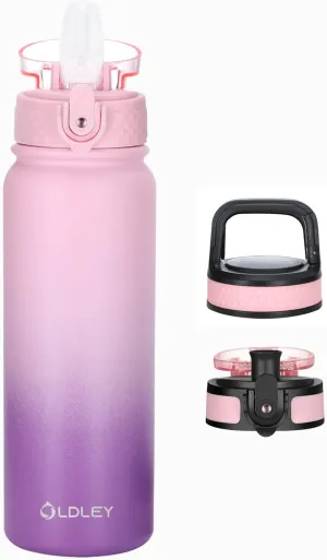 Oldley Water Bottles 20 oz Insulated Water Bottle with Straw 3 Lids,Vacuum Stainless Steel Water Bottles, Leak & Sweat Proof Sport Water Bottle Gym for Kids Adults
