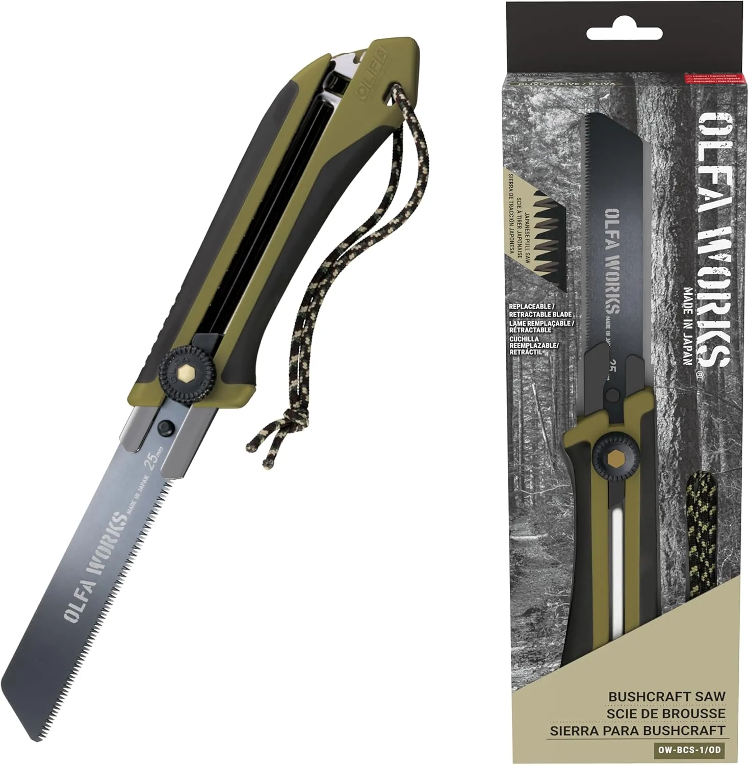 OLFA WORKS OW-BCS-1/OD Bushcraft Japanese Pull Knife, Serrated Replaceable and Retractable Carbon Tool Steel Blade, Replacement Blade: OWB-BSB-1 (Olive)
