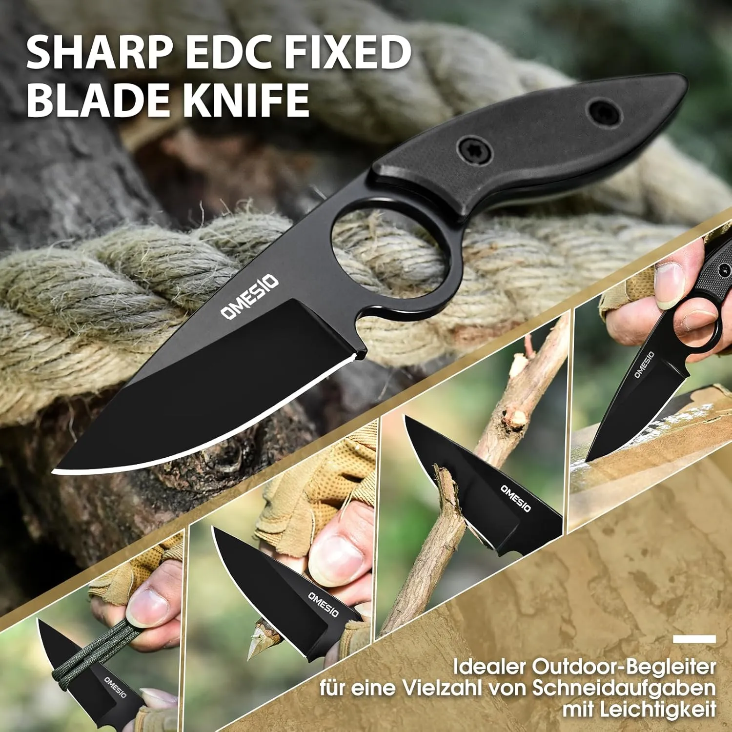 Omesio Small Fixed Blade Neck Knife, 3.54" 5CR13MoV Steel G10 Handle Full Tang Tactical Knife with Kydex Sheath Necklace and Clip, Fixed Blade EDC for Men Women, Outdoor, Camping, Hiking