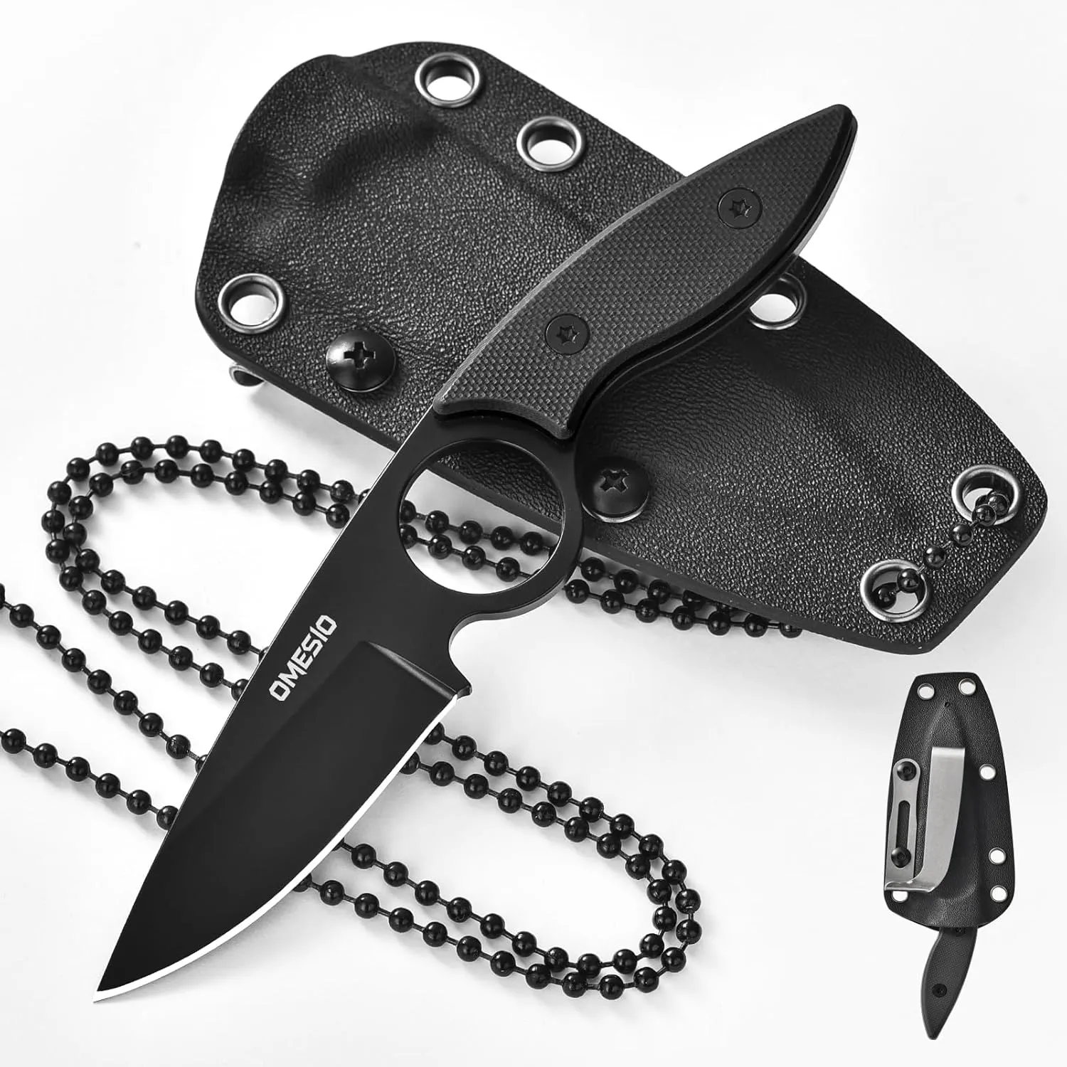 Omesio Small Fixed Blade Neck Knife, 3.54" 5CR13MoV Steel G10 Handle Full Tang Tactical Knife with Kydex Sheath Necklace and Clip, Fixed Blade EDC for Men Women, Outdoor, Camping, Hiking