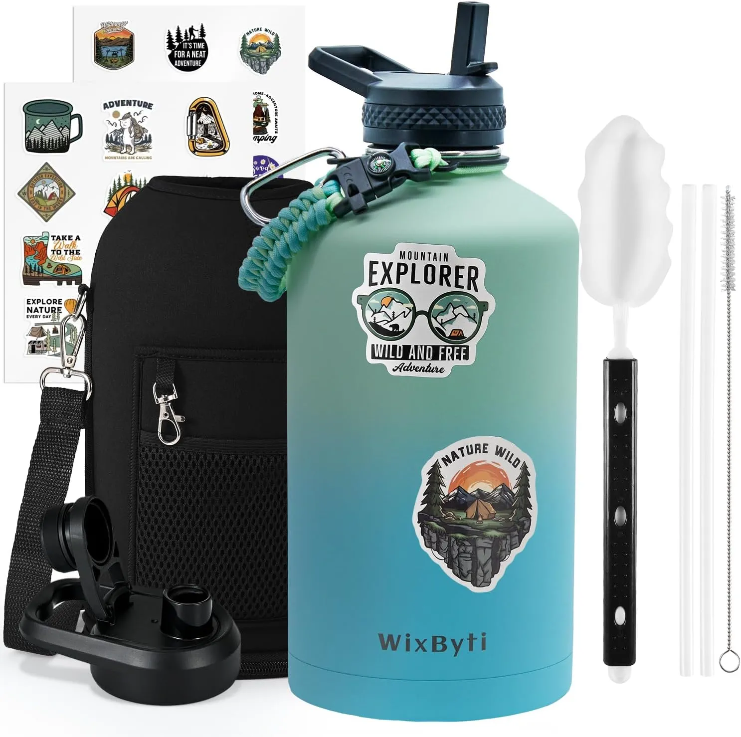 One Gallon Water Bottle Insulated, Triple Wall Vacuum Cold for 48 Hrs & Leak-proof & Non-BPA, 128oz Large Sports Stainless Steel Water Jug with Paracord Handle Straw Spout Lids & DIY Stickers