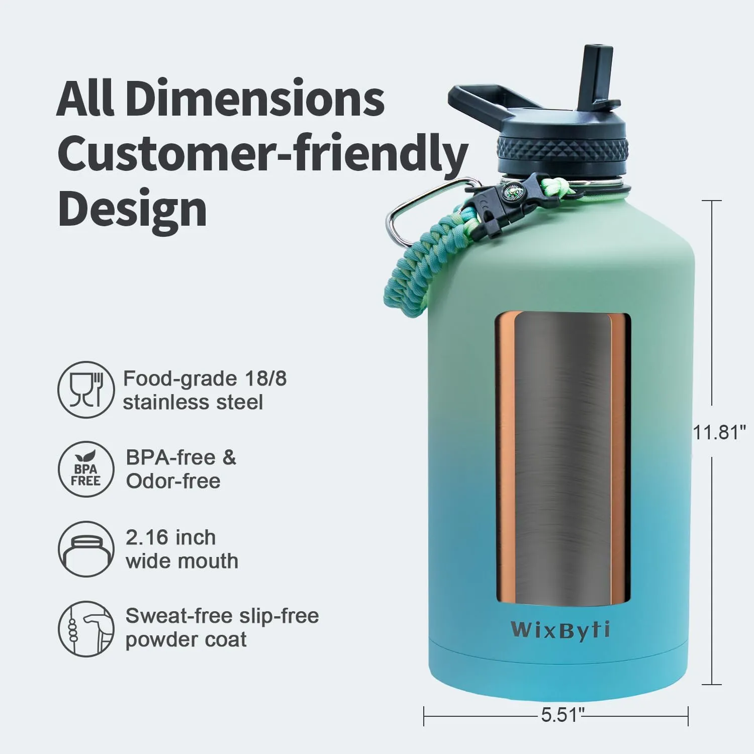 One Gallon Water Bottle Insulated, Triple Wall Vacuum Cold for 48 Hrs & Leak-proof & Non-BPA, 128oz Large Sports Stainless Steel Water Jug with Paracord Handle Straw Spout Lids & DIY Stickers