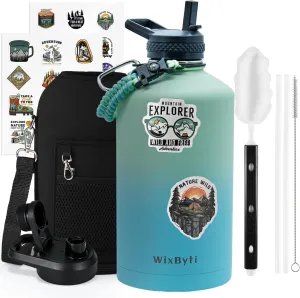 One Gallon Water Bottle Insulated, Triple Wall Vacuum Cold for 48 Hrs & Leak-proof & Non-BPA, 128oz Large Sports Stainless Steel Water Jug with Paracord Handle Straw Spout Lids & DIY Stickers