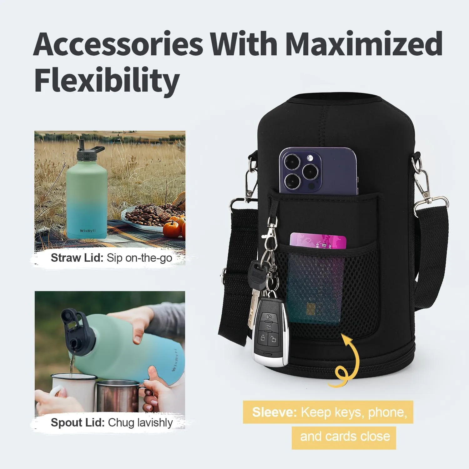 One Gallon Water Bottle Insulated, Triple Wall Vacuum Cold for 48 Hrs & Leak-proof & Non-BPA, 128oz Large Sports Stainless Steel Water Jug with Paracord Handle Straw Spout Lids & DIY Stickers