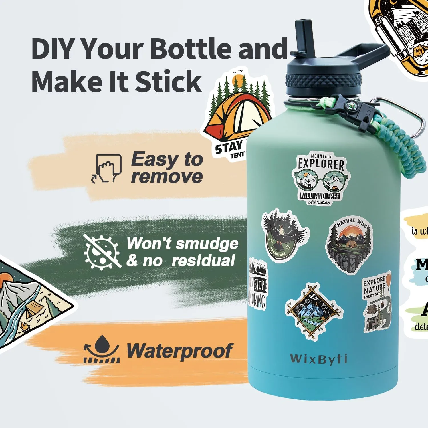 One Gallon Water Bottle Insulated, Triple Wall Vacuum Cold for 48 Hrs & Leak-proof & Non-BPA, 128oz Large Sports Stainless Steel Water Jug with Paracord Handle Straw Spout Lids & DIY Stickers