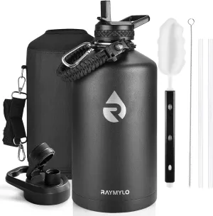 One Gallon Water Bottle Insulated, Triple Walled Vacuum Stainless Steel (Cold for 48 Hrs), Leak Proof & Non-BPA, Large Water Flask Jug with Paracord Handle & Straw Spout Lids
