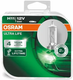 OSRAM ULTRA LIFE H11, halogen headlamp, 64211ULT-HCB, 12 V passenger car, duobox (2 units),Yellow, Duo Box