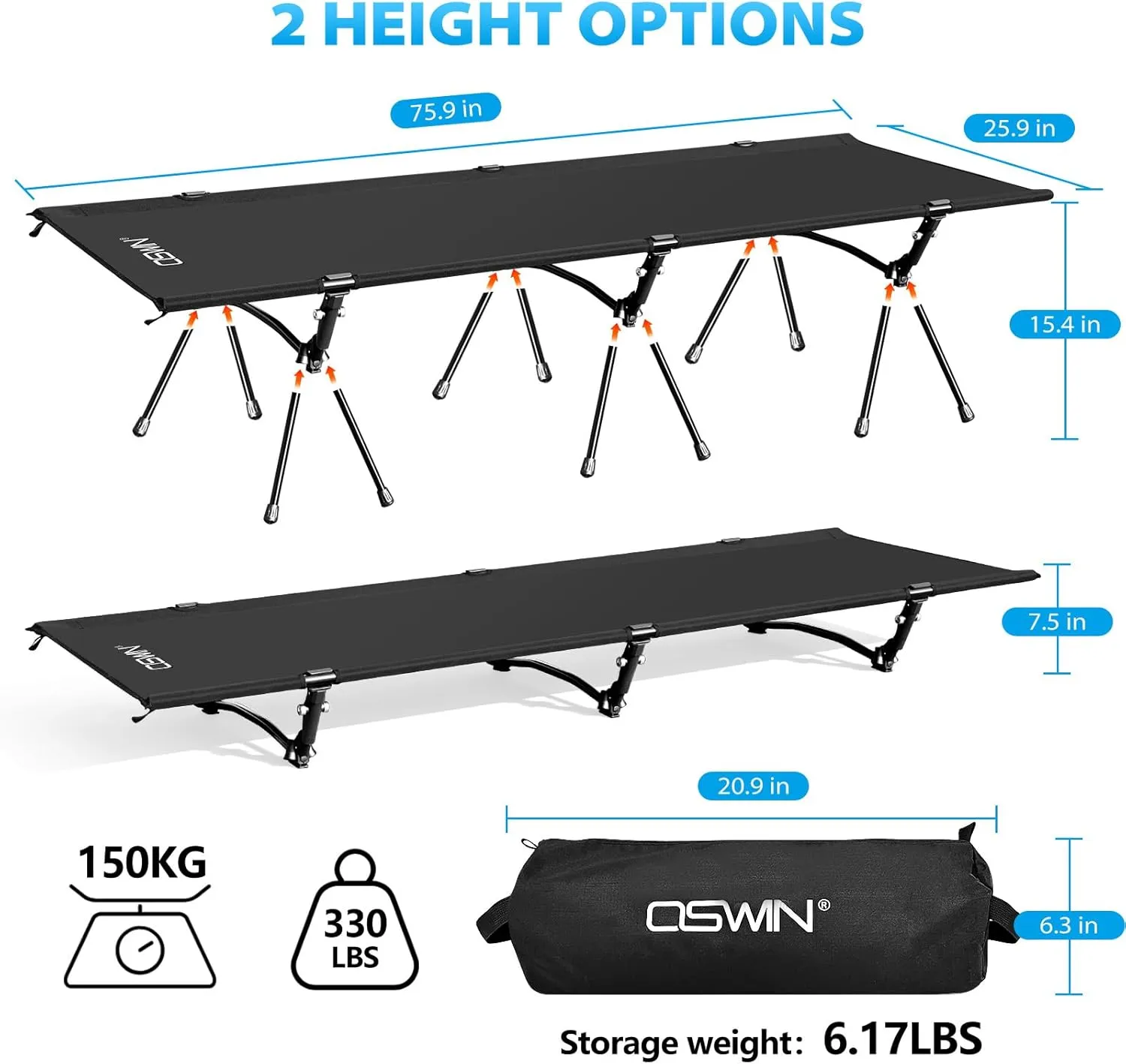 OSWIN Adult Backcountry Camping cot with Leg Extension, rollaway Camping cot, Ultralight Folding Backpack Bed, Support 330-pound, Portable Camping Bed Outdoor Hiking RV Beach（Black）