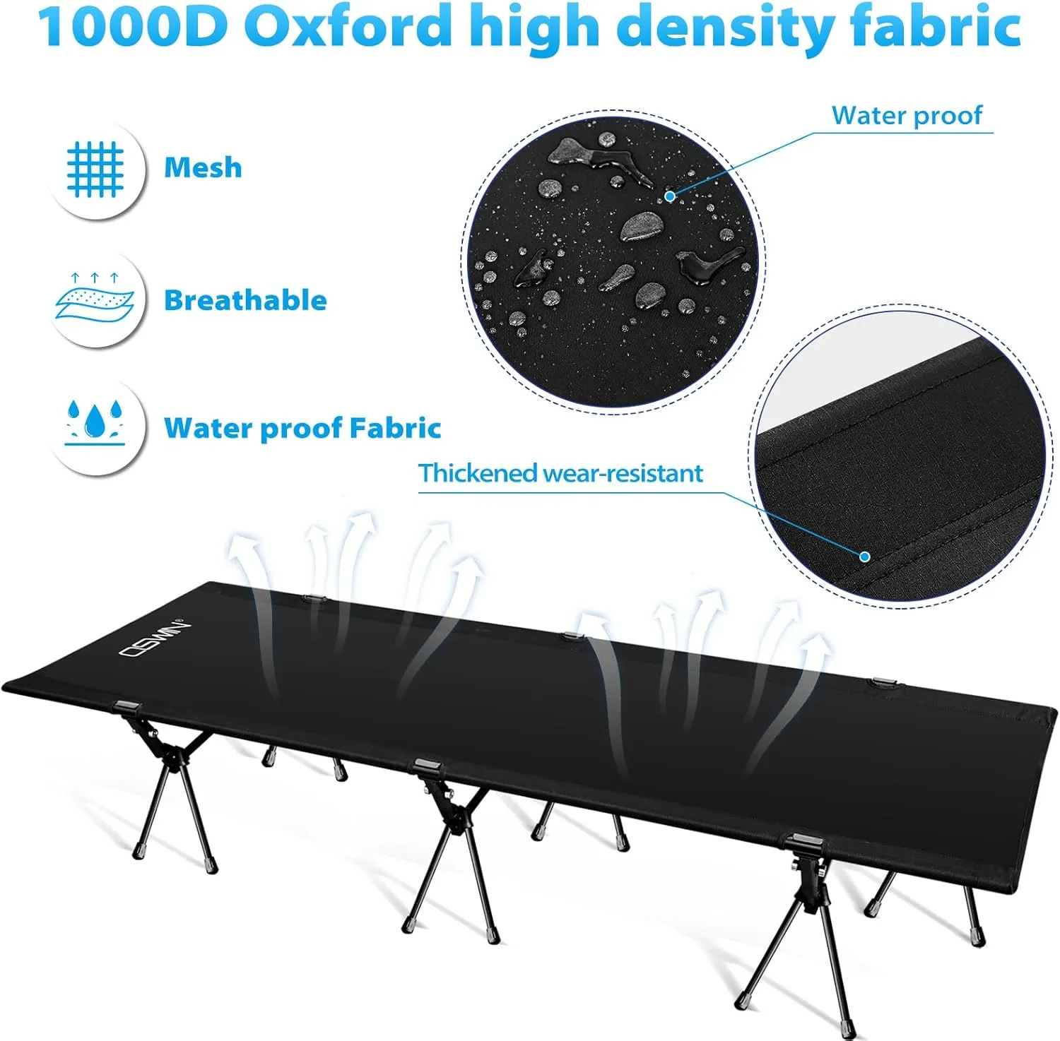 OSWIN Adult Backcountry Camping cot with Leg Extension, rollaway Camping cot, Ultralight Folding Backpack Bed, Support 330-pound, Portable Camping Bed Outdoor Hiking RV Beach（Black）
