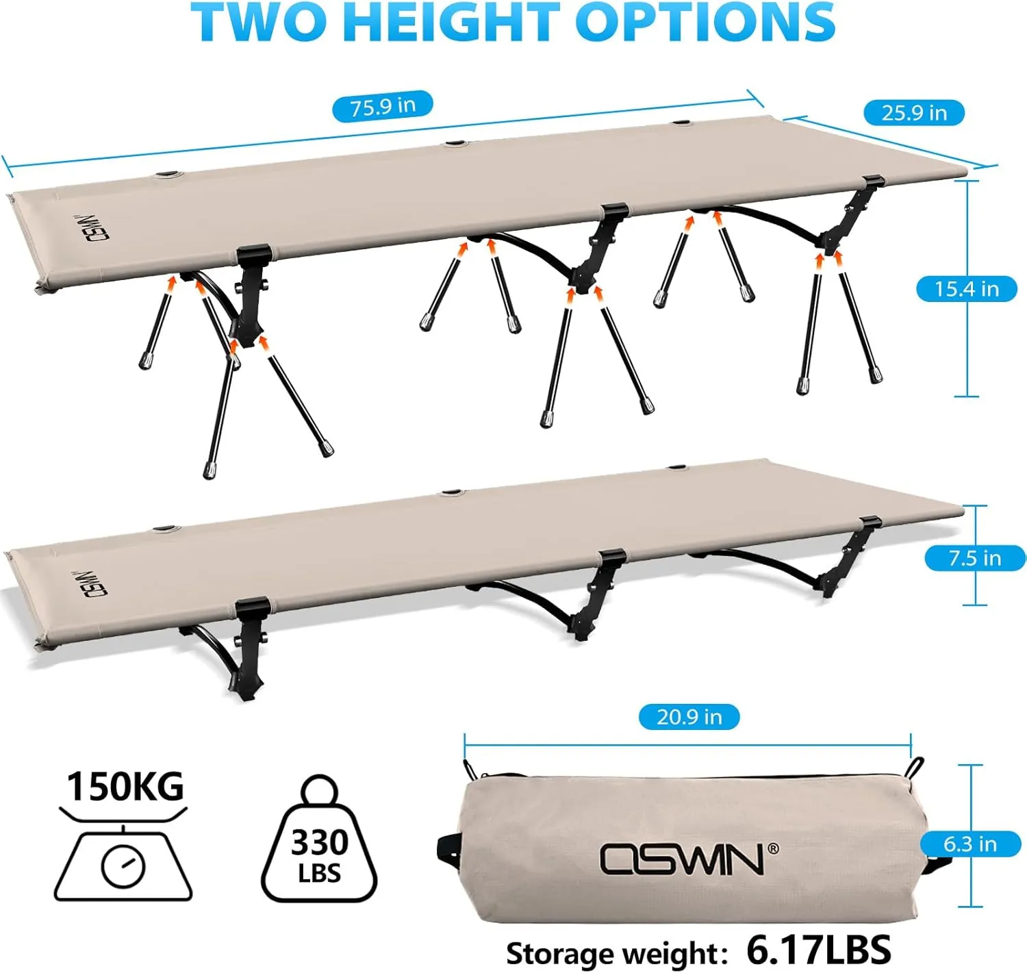 OSWIN Adult Backcountry Camping cot with Leg Extension, rollaway Camping cot, Ultralight Folding Backpack Bed, Support 330-pound, Portable Camping Bed Outdoor Hiking RV Beach（Khaki）