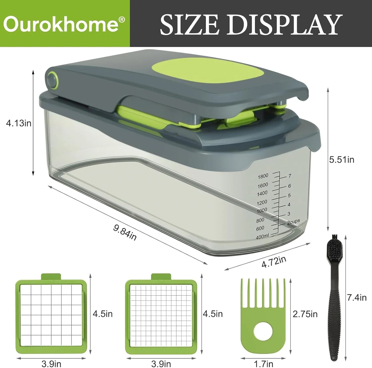 Ourokhome Vegetable Chopper Cutter with Container, Manual Hand Food Veggie Dicer with 2 Chopping Blades for Potato Strips, Onion Cubers, Carrot Sticks, Essential Kitchen Gadgets (2 in 1, Gray)