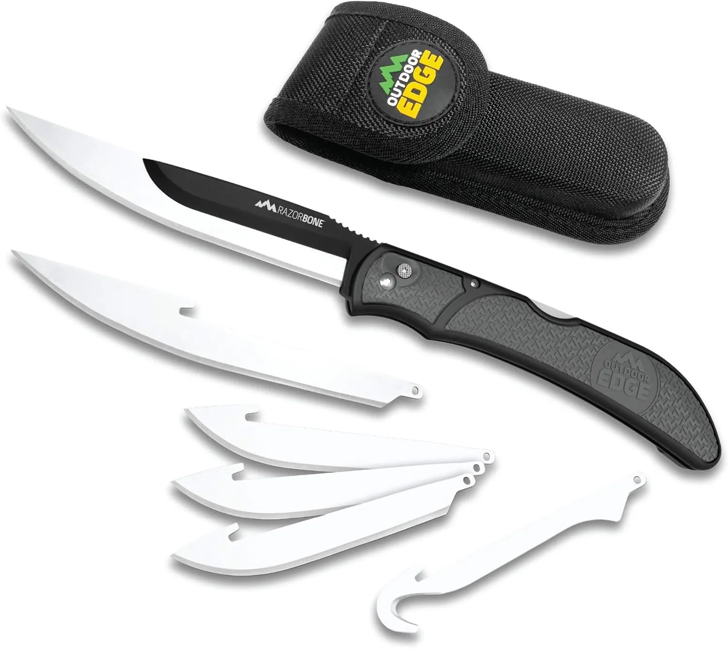 OUTDOOR EDGE RazorBone Replaceable Blade Folding Hunting Knife with Clip & Sheath. 3 Butcher Knife Blade Styles - Boning, Gutting, & Skinning Knives. Gray, Camo Sheath, 6 Blades & Blade Box