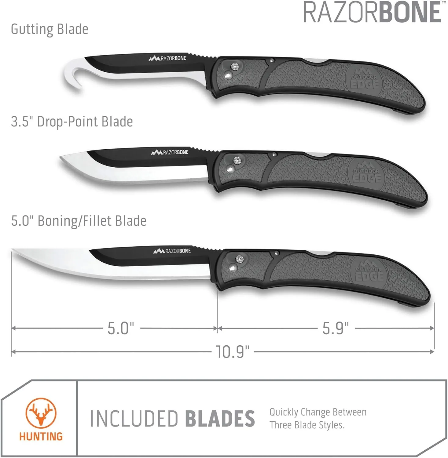 OUTDOOR EDGE RazorBone Replaceable Blade Folding Hunting Knife with Clip & Sheath. 3 Butcher Knife Blade Styles - Boning, Gutting, & Skinning Knives. Gray, Camo Sheath, 6 Blades & Blade Box