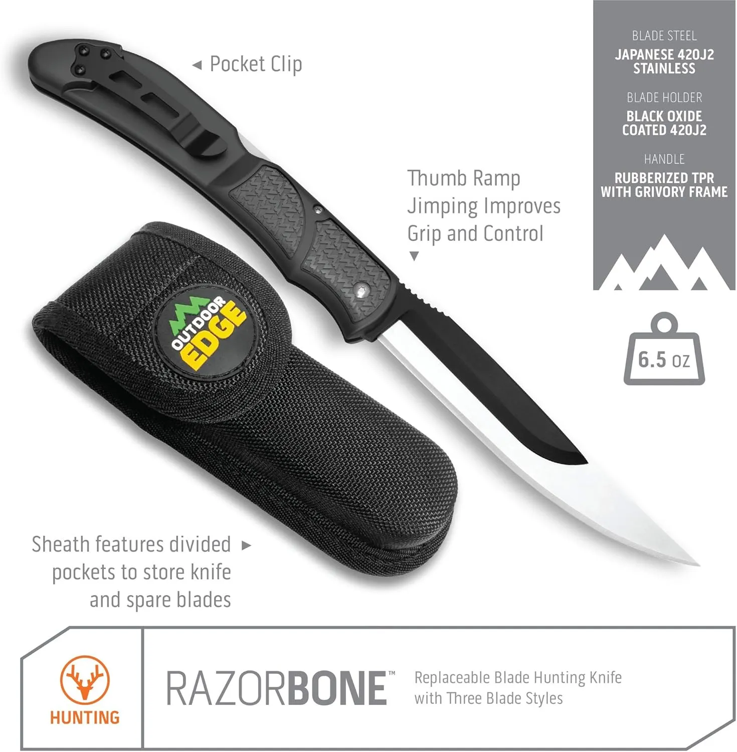OUTDOOR EDGE RazorBone Replaceable Blade Folding Hunting Knife with Clip & Sheath. 3 Butcher Knife Blade Styles - Boning, Gutting, & Skinning Knives. Gray, Camo Sheath, 6 Blades & Blade Box