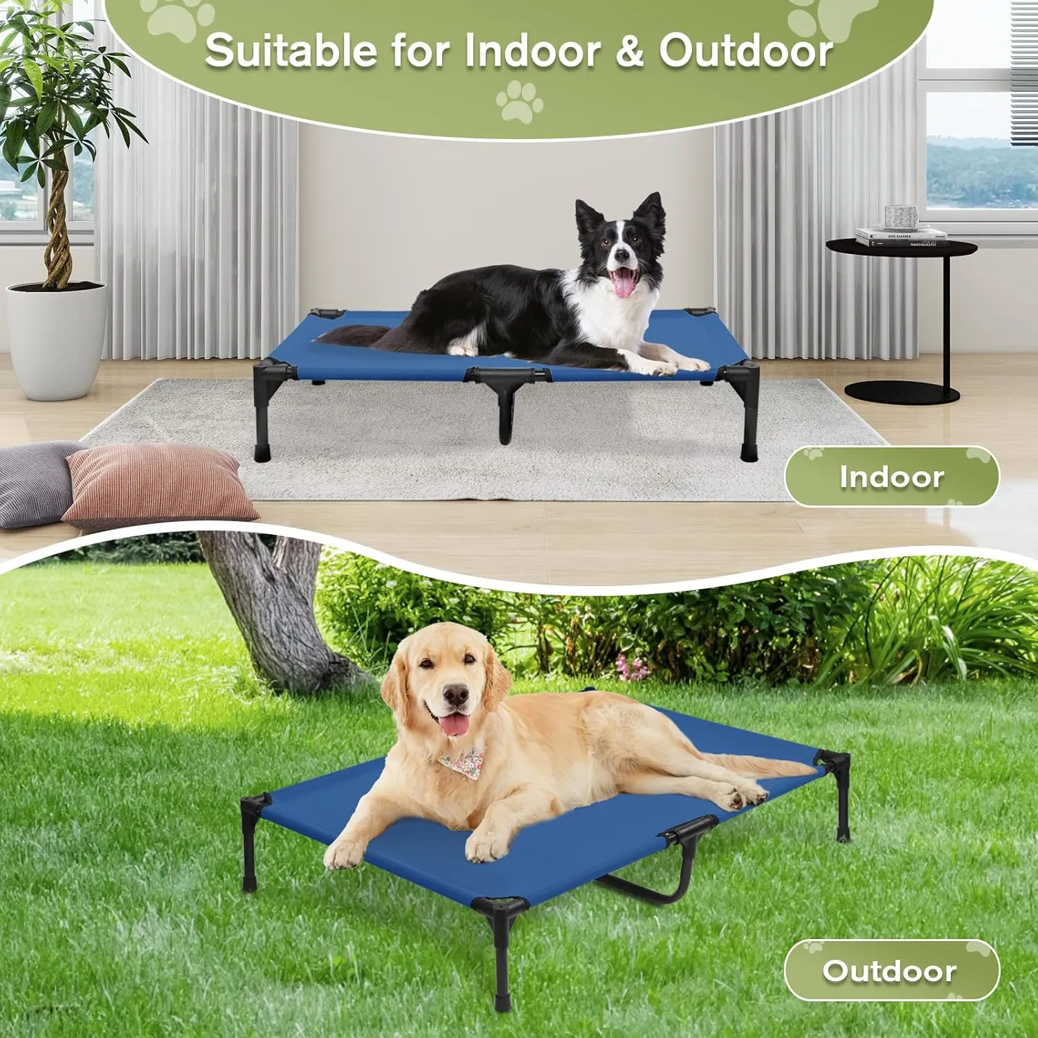 Outdoor Elevated Dog Cots Beds for Large Dogs, Cooling Travel Dog Hammock Bed with Breathable Mesh, Chew Proof Pet Bed with Stable Frame, Washable Pet Training Platform Cot, Non Slip, Blue, L