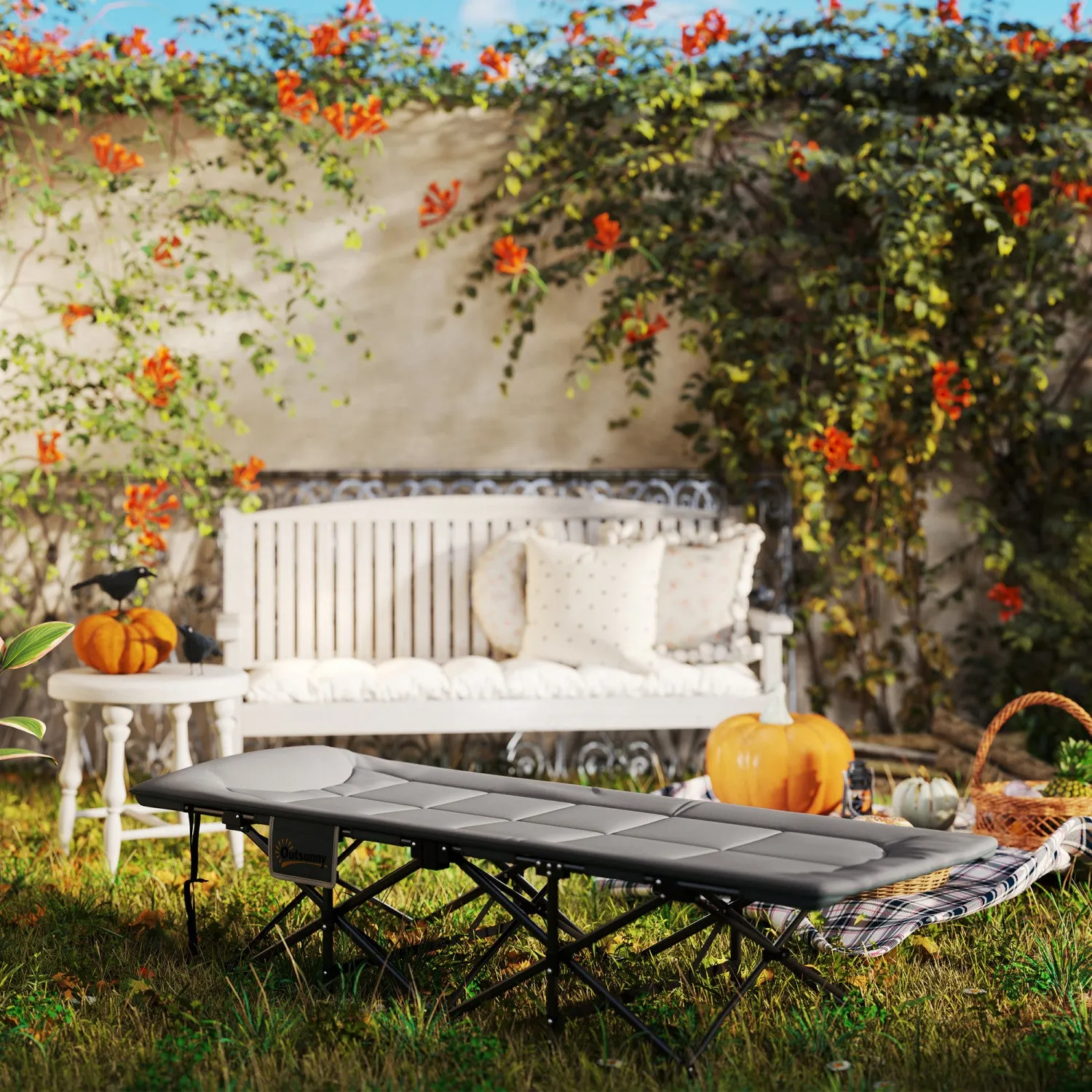 Outsunny Camping Cot With Cushion, Portable Folding Bed, Grey