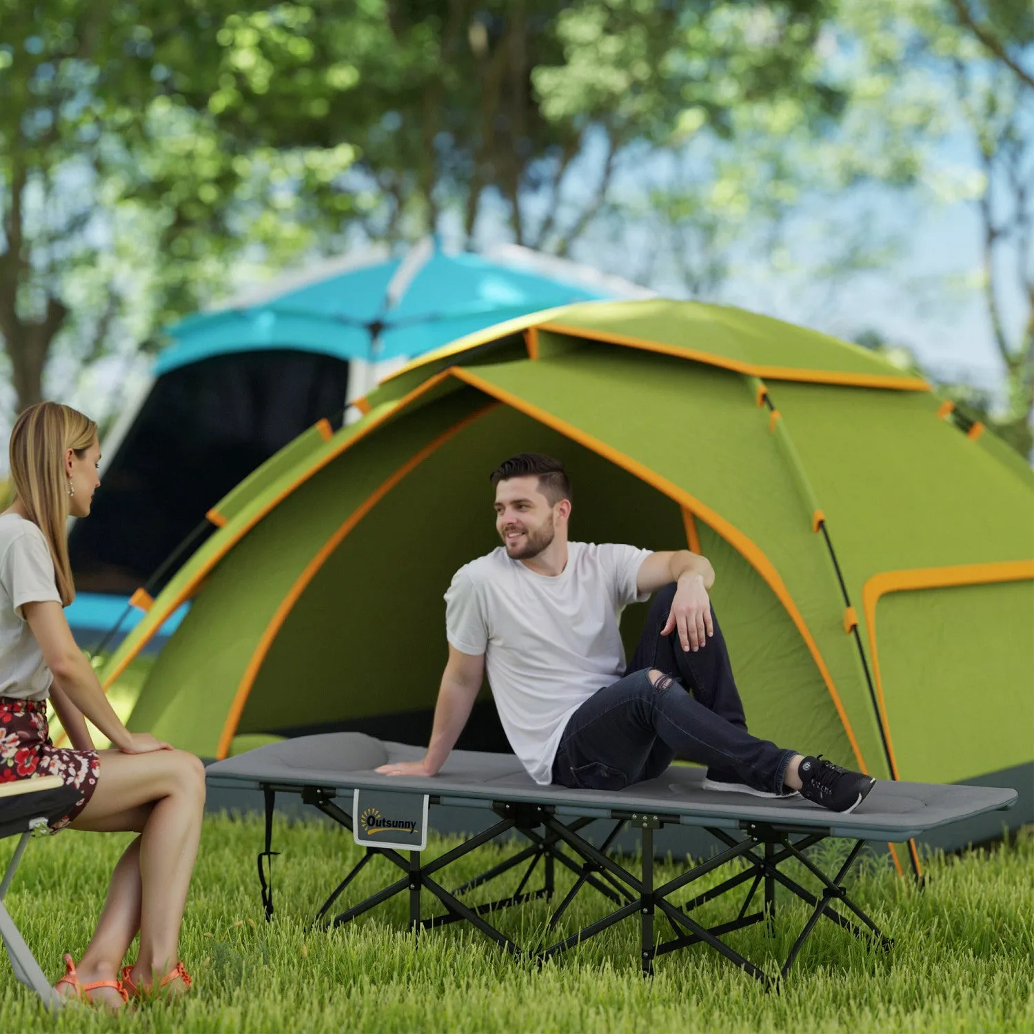 Outsunny Camping Cot With Cushion, Portable Folding Bed, Grey