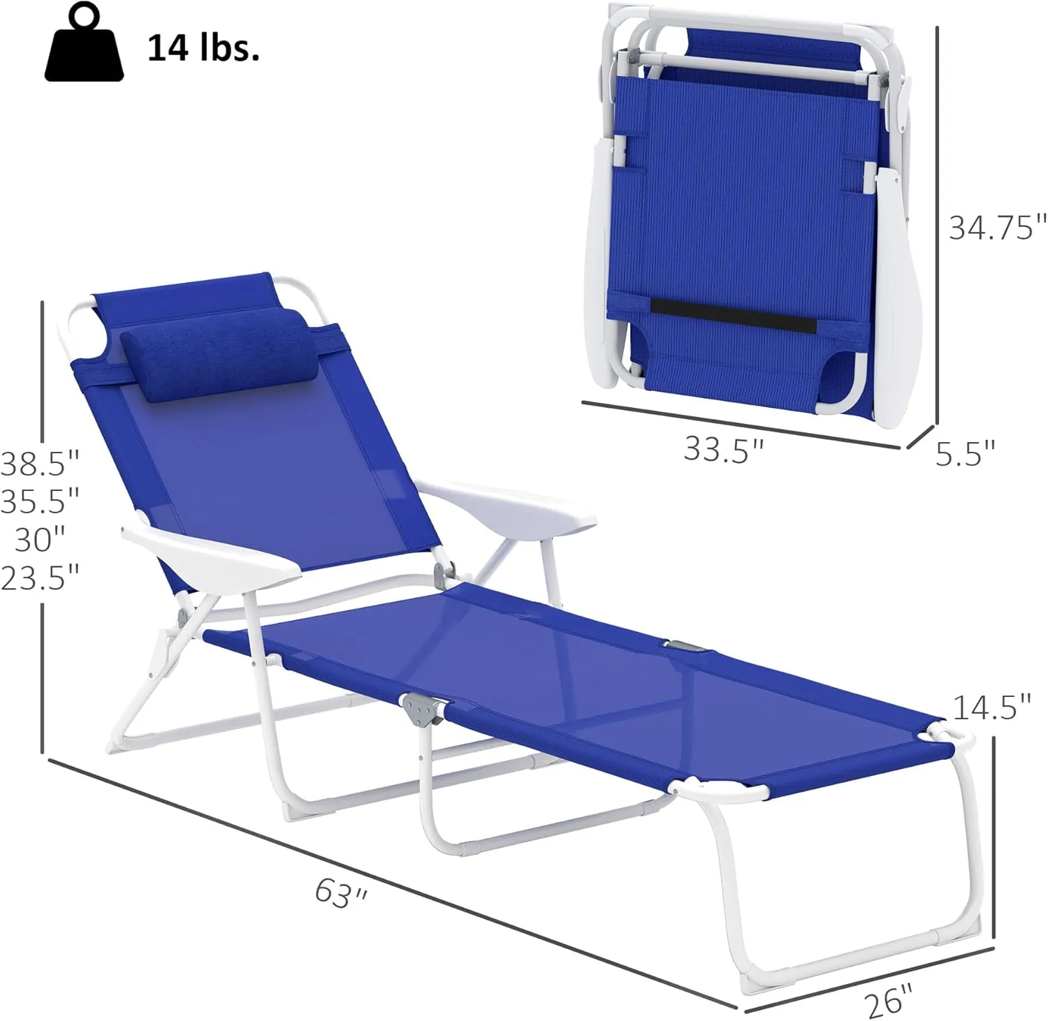 Outsunny Folding Lounge Chair, Portable Outdoor Chaise Lounge, Sun Tanning Chair with 4-Position Reclining Back, Armrests, Metal Frame and Mesh Fabric for Beach, Yard, Patio, Blue
