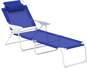 Outsunny Folding Lounge Chair, Portable Outdoor Chaise Lounge, Sun Tanning Chair with 4-Position Reclining Back, Armrests, Metal Frame and Mesh Fabric for Beach, Yard, Patio, Blue