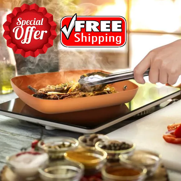 Oven-Safe Square Copper Pan Skillet With Non-Stick Ceramic Coating   FREE SHIPPING!