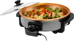 OVENTE 12 Inch Electric Skillet and Frying Pan with Nonstick Coating, 1400W Power, Adjustable Temperature Control, Tempered Glass Lid with Vent and Cool Touch Handles, Copper SK11112CO