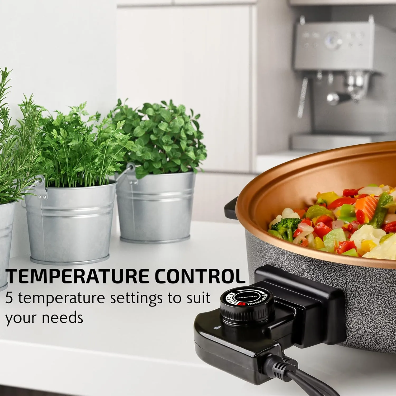 OVENTE 12 Inch Electric Skillet and Frying Pan with Nonstick Coating, 1400W Power, Adjustable Temperature Control, Tempered Glass Lid with Vent and Cool Touch Handles, Copper SK11112CO