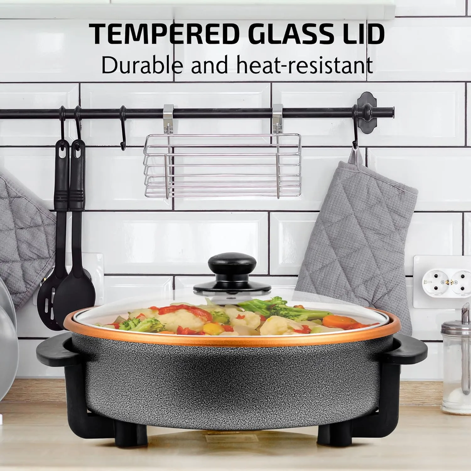 OVENTE 12 Inch Electric Skillet and Frying Pan with Nonstick Coating, 1400W Power, Adjustable Temperature Control, Tempered Glass Lid with Vent and Cool Touch Handles, Copper SK11112CO