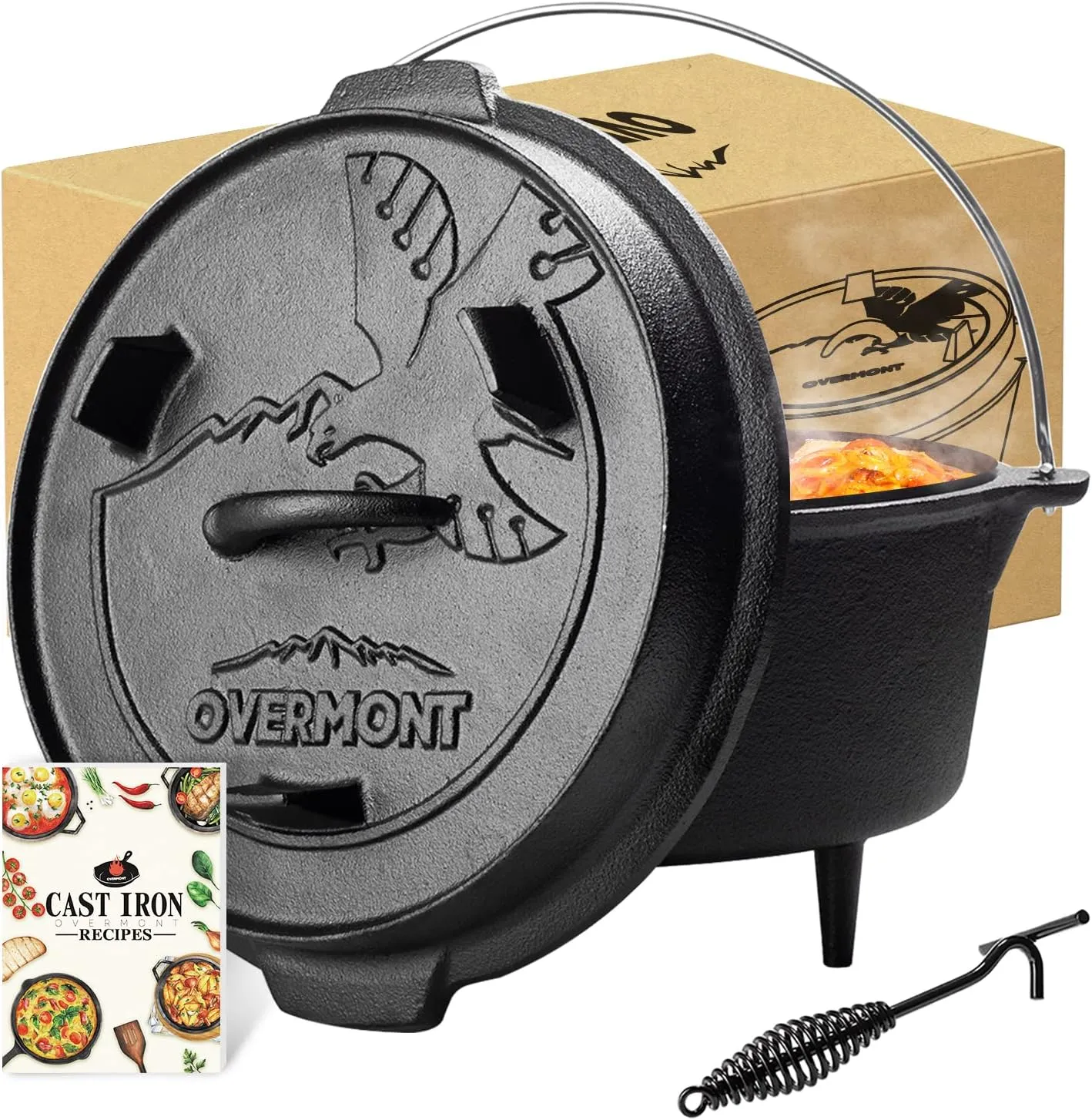 Overmont Camp Dutch Oven Pre Seasoned Cast Iron Lid Also a Skillet Casserole Pot with Lid Lifter for Camping Cooking BBQ Baking 6QT(Pot Lid)