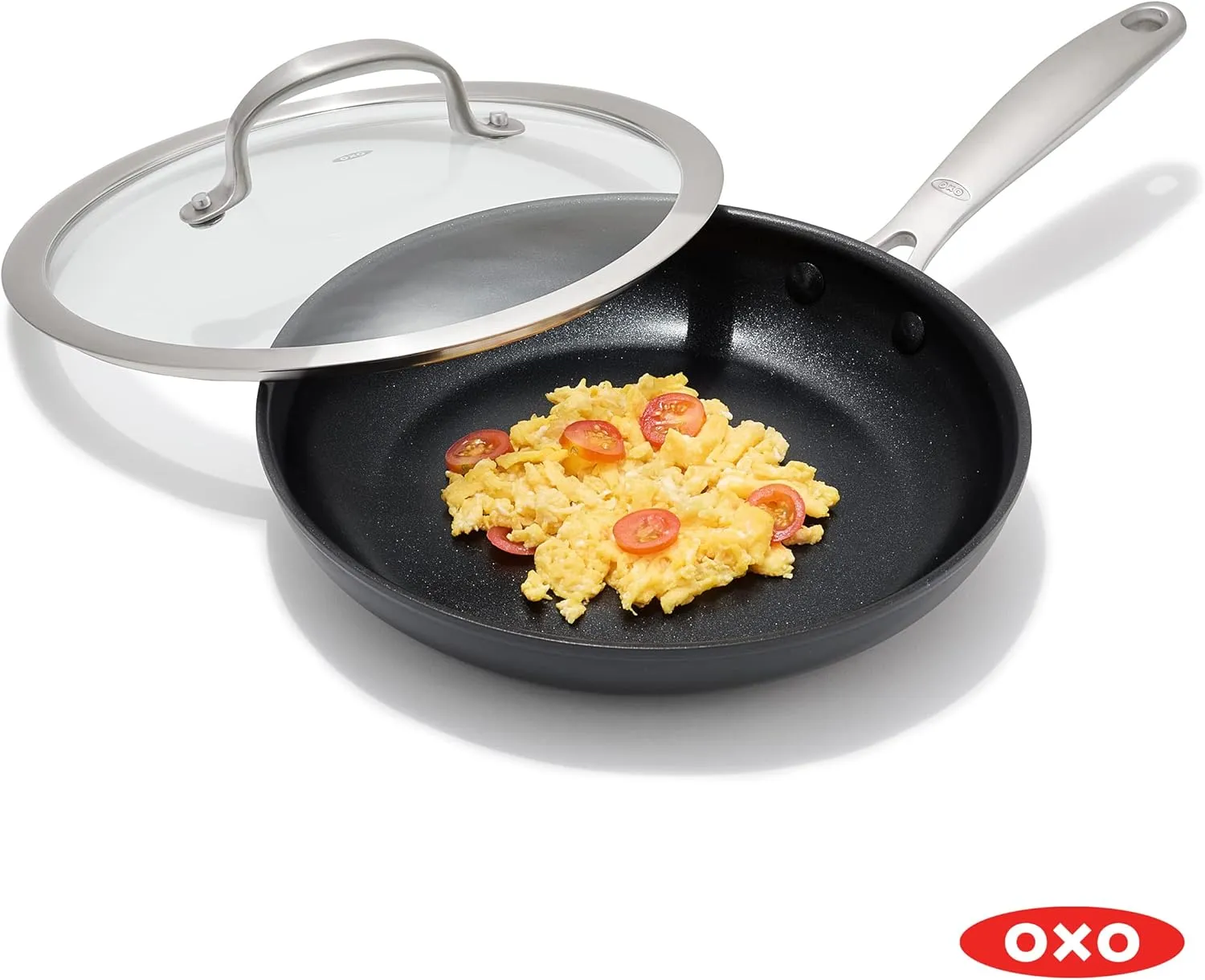 OXO Good Grips Pro, 9.5" Frying Pan Kitchen Skillet with Lid, 3-Layered German Engineered Nonstick Coating, Dishwasher Safe, Oven & Broiler Safe, Stainless Steel Handle, Black