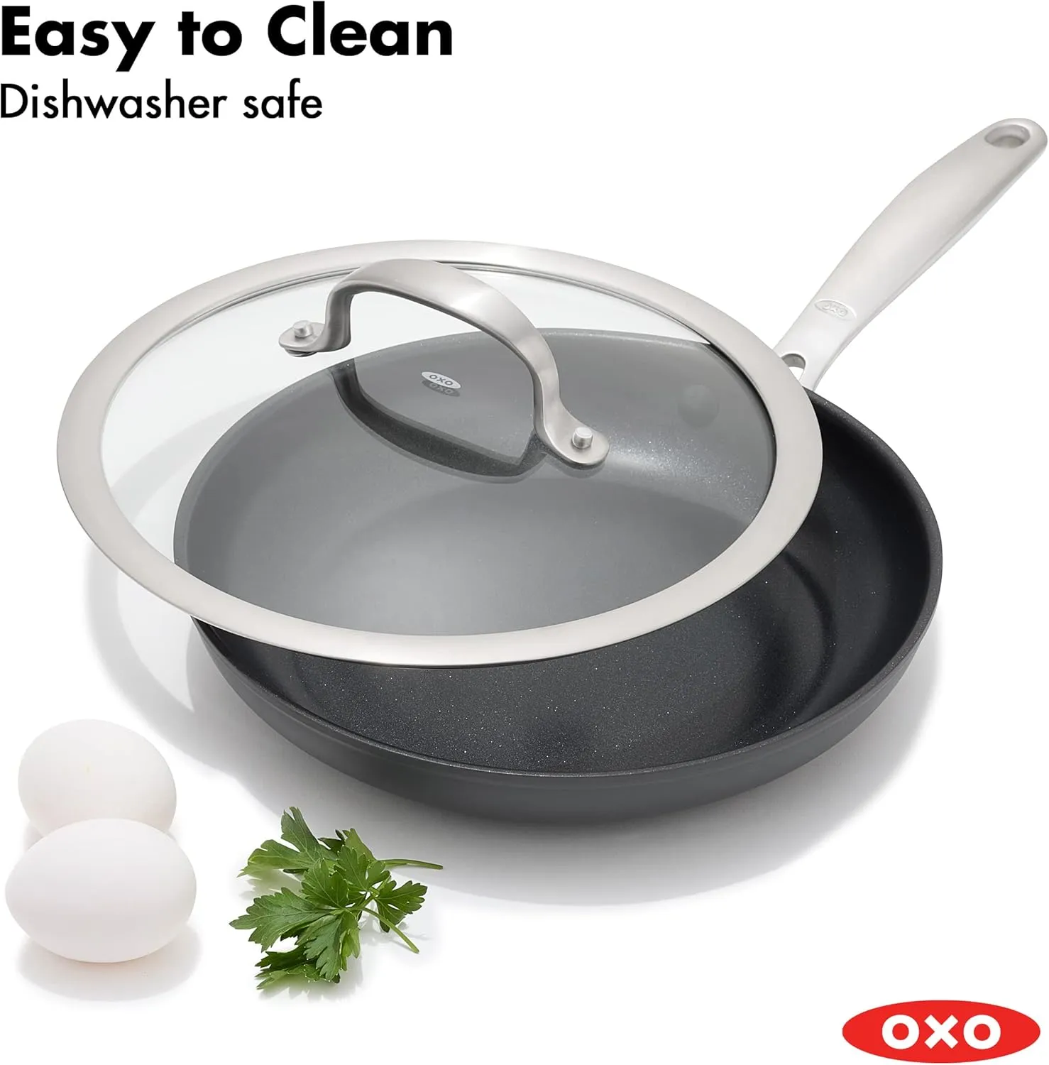 OXO Good Grips Pro, 9.5" Frying Pan Kitchen Skillet with Lid, 3-Layered German Engineered Nonstick Coating, Dishwasher Safe, Oven & Broiler Safe, Stainless Steel Handle, Black