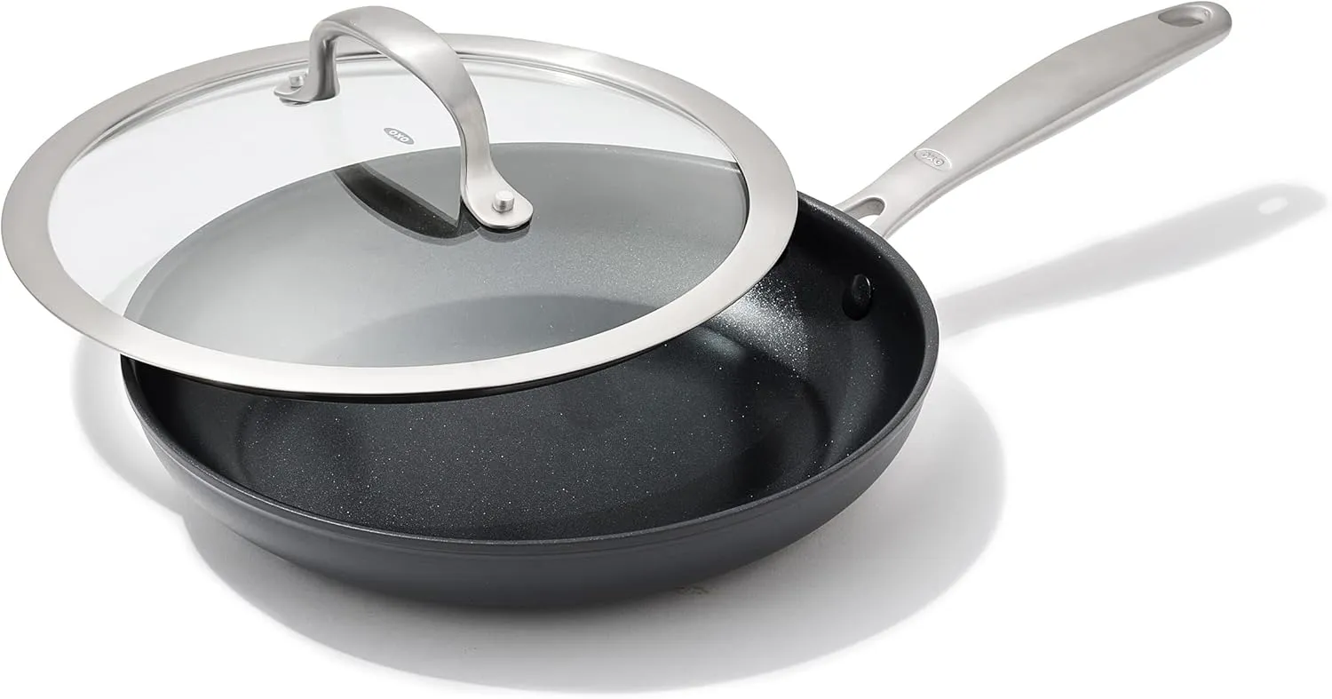 OXO Good Grips Pro, 9.5" Frying Pan Kitchen Skillet with Lid, 3-Layered German Engineered Nonstick Coating, Dishwasher Safe, Oven & Broiler Safe, Stainless Steel Handle, Black