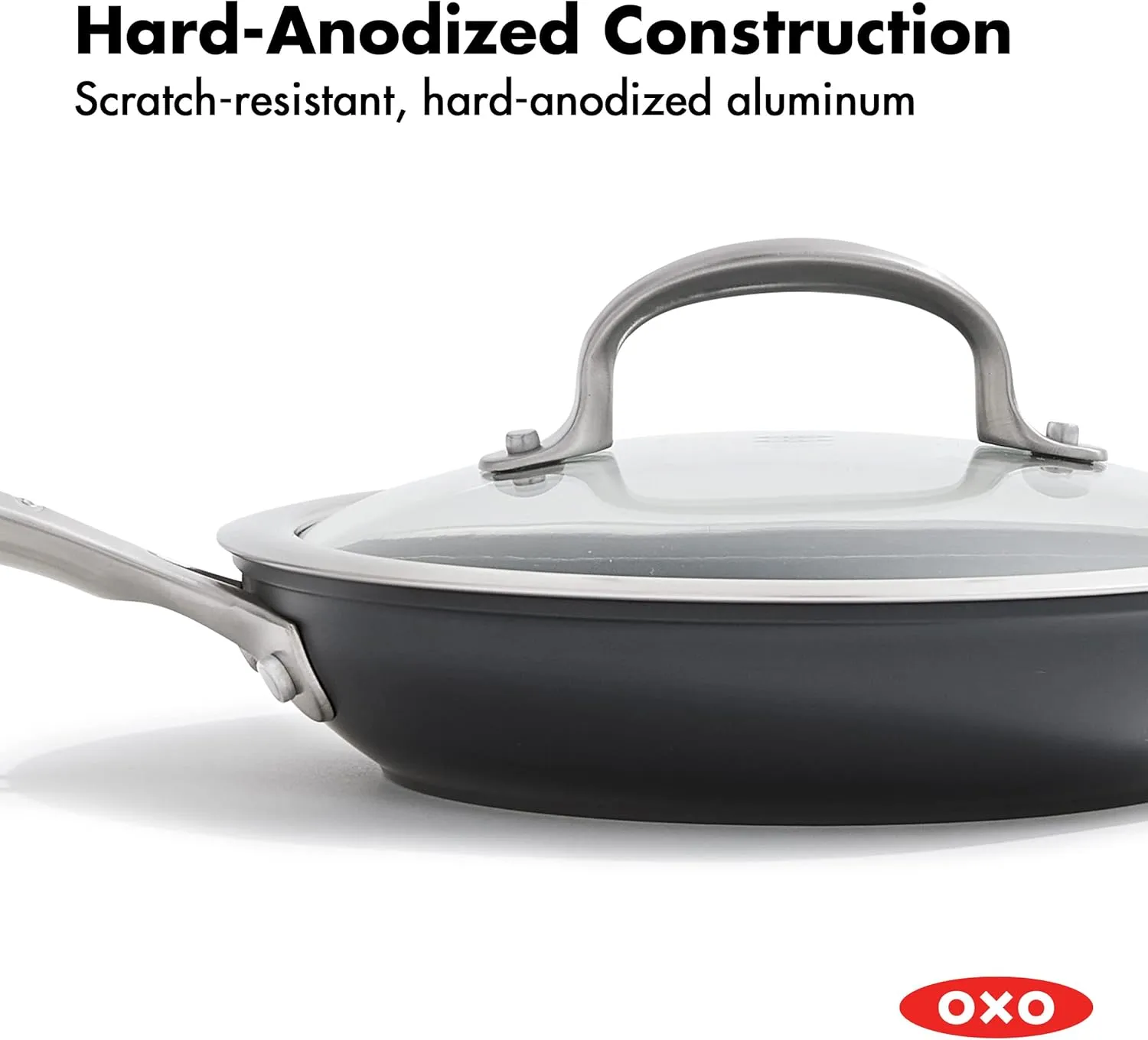 OXO Good Grips Pro, 9.5" Frying Pan Kitchen Skillet with Lid, 3-Layered German Engineered Nonstick Coating, Dishwasher Safe, Oven & Broiler Safe, Stainless Steel Handle, Black