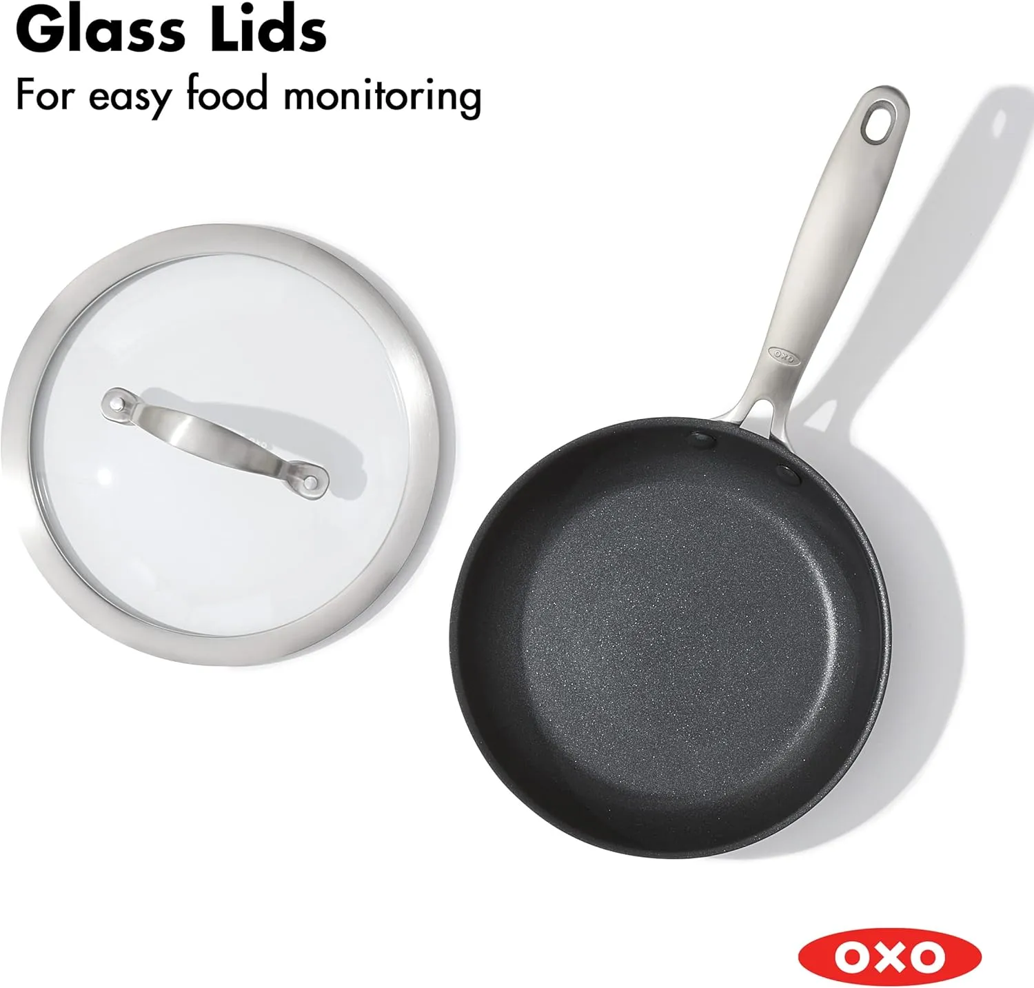 OXO Good Grips Pro, 9.5" Frying Pan Kitchen Skillet with Lid, 3-Layered German Engineered Nonstick Coating, Dishwasher Safe, Oven & Broiler Safe, Stainless Steel Handle, Black