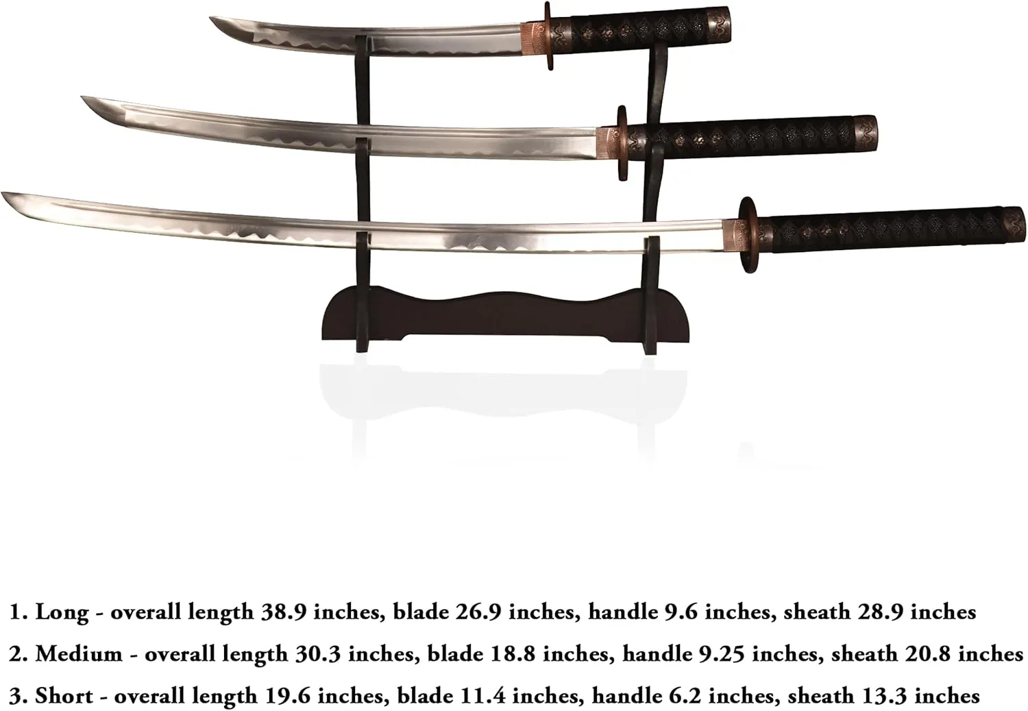 Pack of 3- Japanese Katana Hand cast Sharp 1065 Carbon Steel Katana Sword Real Black, Dragon Totem Hand Guard, Display Sword Stand