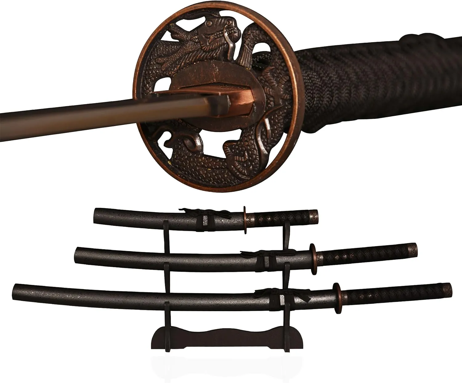 Pack of 3- Japanese Katana Hand cast Sharp 1065 Carbon Steel Katana Sword Real Black, Dragon Totem Hand Guard, Display Sword Stand