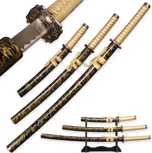 Pack of 3- Japanese Katana Hand cast Sharp 1065 Carbon Steel Katana Sword Real Black, Dragon Totem Hand Guard, Display Sword Stand