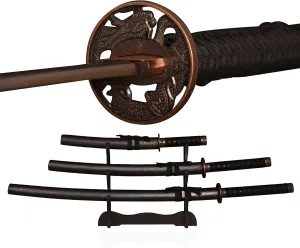 Pack of 3- Japanese Katana Hand cast Sharp 1065 Carbon Steel Katana Sword Real Black, Dragon Totem Hand Guard, Display Sword Stand