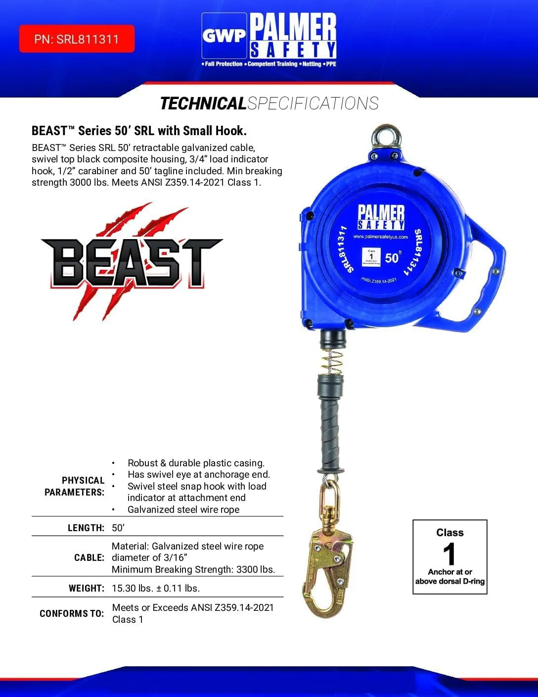 Palmer Safety SRD 50 FT. Self Retracting Lifeline I ANSI Z359.14-2021 Class 1 I SRL Device Swivel Top Galvanized Cable w/Small Steel Snap Hook I Fall Arrest Safety Yoyo