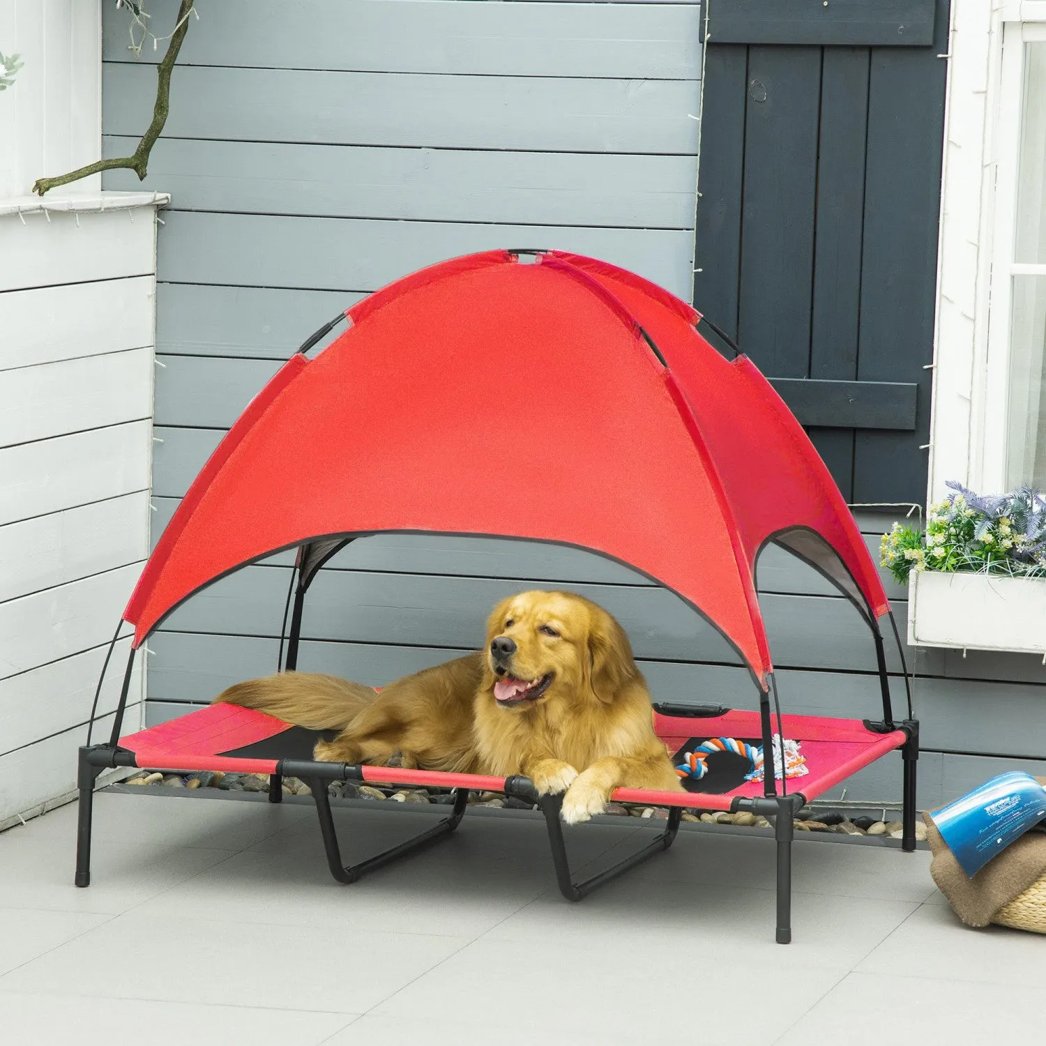 Pawhut Elevated Cooling Pet Bed Portable Raised Dog Cot With Canopy For Xl Sized Dogs, Indoor & Outd|Pawhut Lit Sureleve Pour Animal De Compagnie Lit Pour Chien Portable Exterieur Et Interieur Lit De B
