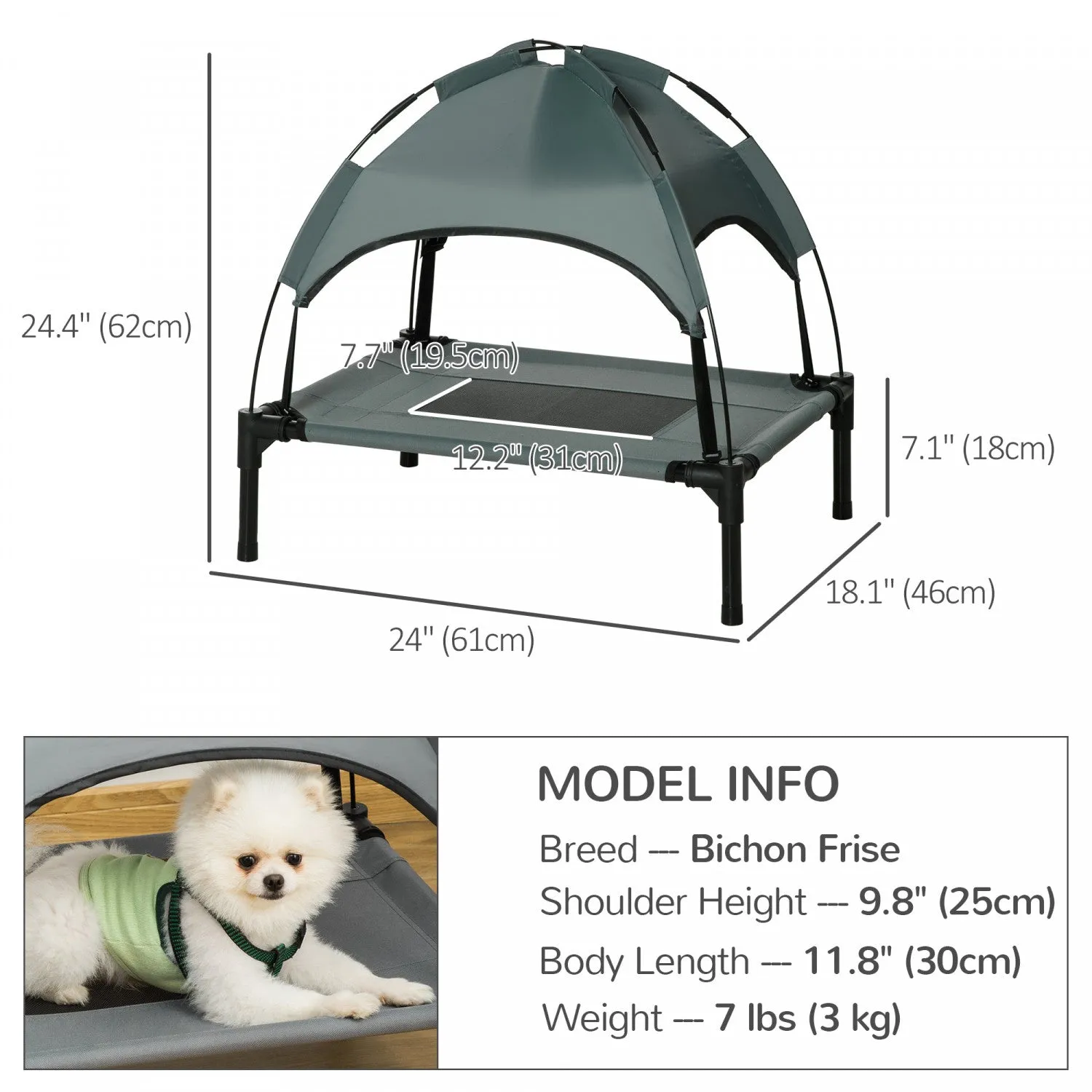 Pawhut Elevated Dog Bed With Canopy, Portable Raised Dog Cot For S Sized Dogs, Indoor & Outdoor, 25"|Pawhut Lit Sureleve Portable Pour Chien Avec Auvent De Protection Uv, 24"