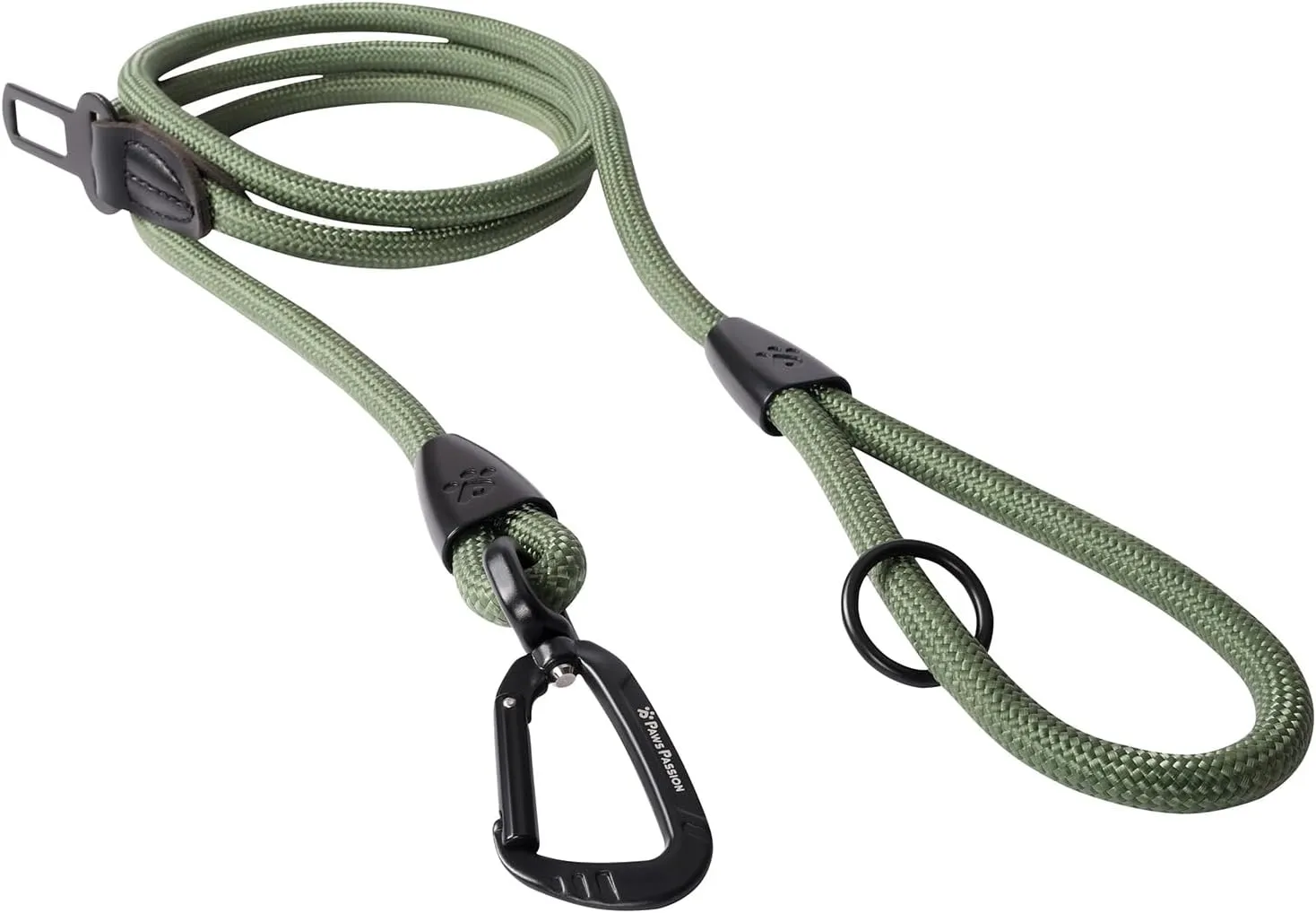 PawsPassion Rope Dog Leash 4 FT, 2-in-1 Heavy Duty Dog Leash with Seat Belt Buckle, Tangle Free 360° Swivel Aviation Aluminum Carabiner, All Metal Hardware, Alloy O-Ring (Evergreen)