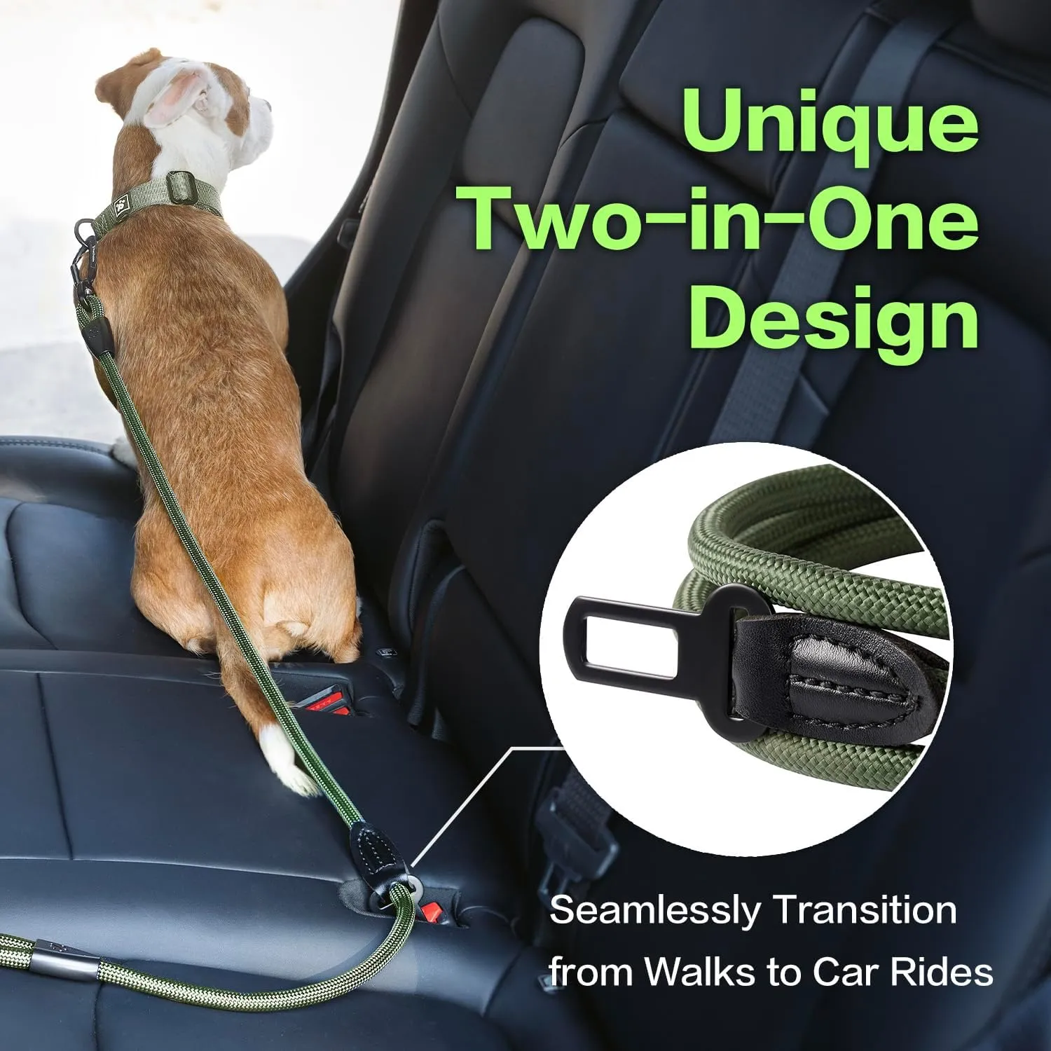 PawsPassion Rope Dog Leash 4 FT, 2-in-1 Heavy Duty Dog Leash with Seat Belt Buckle, Tangle Free 360° Swivel Aviation Aluminum Carabiner, All Metal Hardware, Alloy O-Ring (Evergreen)